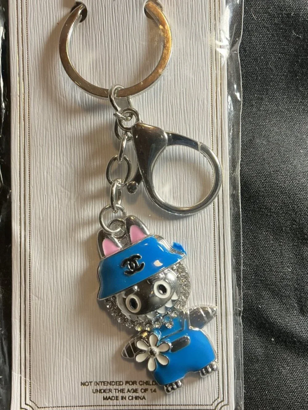 ★ Blue Rhinestone Cat Character Keychain Purse Bag Charm Silver Tone